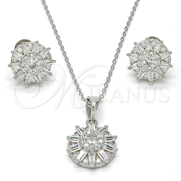 Juego de Arete y Dije de Adulto 10.286.0007 Plata Rodinada, Diseño de Flor, con Zirconia Cubica Blanca y Micro Pave Blanca, Pulido, Rodinado