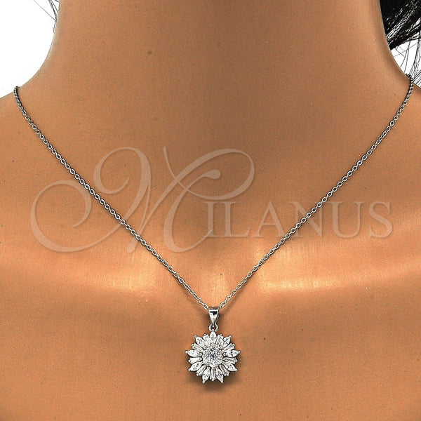Juego de Arete y Dije de Adulto 10.175.0038 Plata Rodinada, Diseño de Flor, con Zirconia Cubica Blanca, Pulido, Rodinado