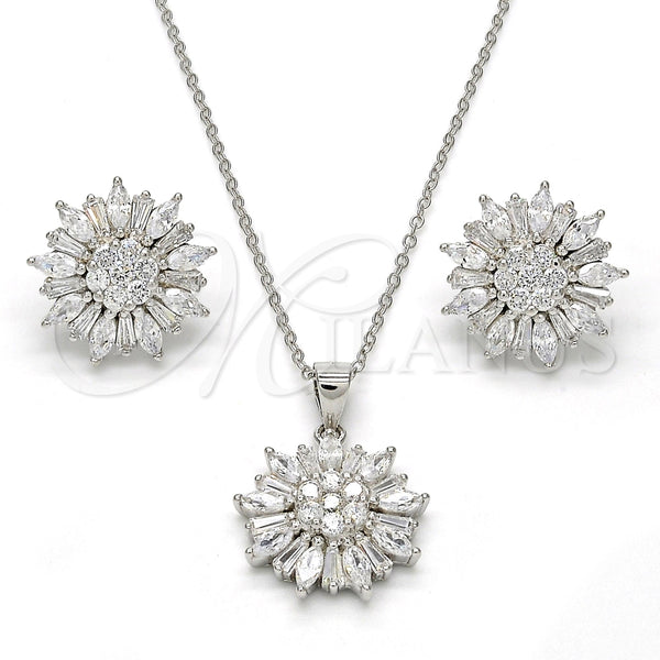 Juego de Arete y Dije de Adulto 10.175.0038 Plata Rodinada, Diseño de Flor, con Zirconia Cubica Blanca, Pulido, Rodinado