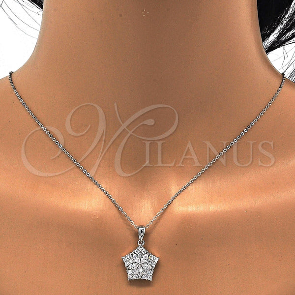 Juego de Arete y Dije de Adulto 10.286.0016 Plata Rodinada, Diseño de Estrella y Flor, con Zirconia Cubica Blanca, Pulido, Rodinado