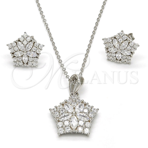 Juego de Arete y Dije de Adulto 10.286.0016 Plata Rodinada, Diseño de Estrella y Flor, con Zirconia Cubica Blanca, Pulido, Rodinado