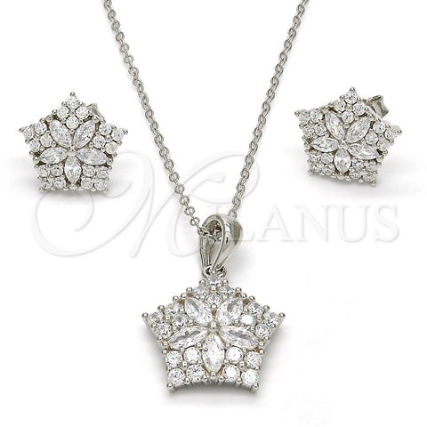Juego de Arete y Dije de Adulto 10.286.0016 Plata Rodinada, Diseño de Estrella y Flor, con Zirconia Cubica Blanca, Pulido, Rodinado