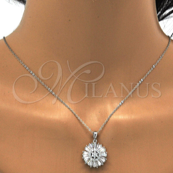 Juego de Arete y Dije de Adulto 10.286.0019 Plata Rodinada, Diseño de Flor, con Zirconia Cubica Blanca y Micro Pave Blanca, Pulido, Rodinado