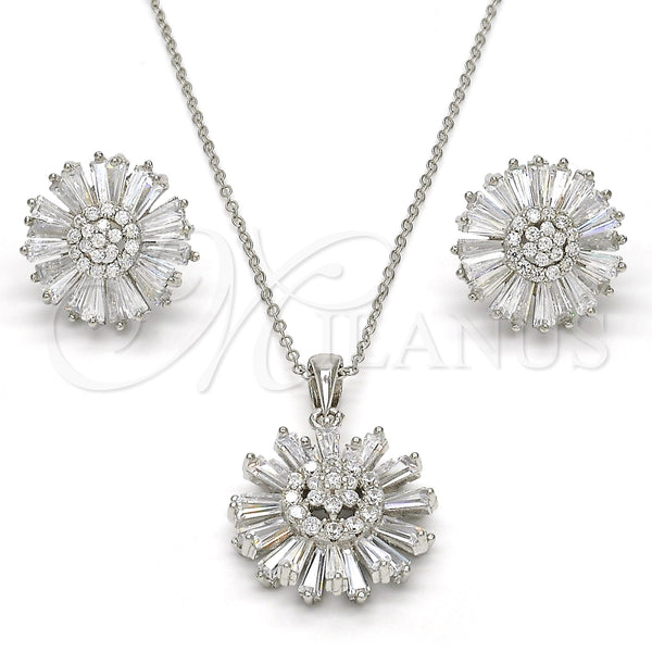 Juego de Arete y Dije de Adulto 10.286.0019 Plata Rodinada, Diseño de Flor, con Zirconia Cubica Blanca y Micro Pave Blanca, Pulido, Rodinado