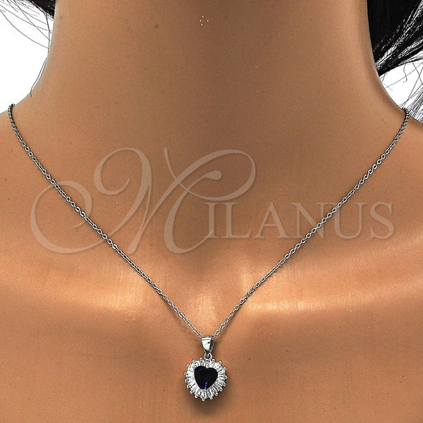 Juego de Arete y Dije de Adulto 10.286.0025 Plata Rodinada, Diseño de Corazón, con Zirconia Cubica Zafiro Azul y Blanca, Pulido, Rodinado