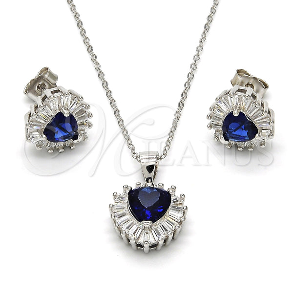 Juego de Arete y Dije de Adulto 10.286.0025 Plata Rodinada, Diseño de Corazón, con Zirconia Cubica Zafiro Azul y Blanca, Pulido, Rodinado