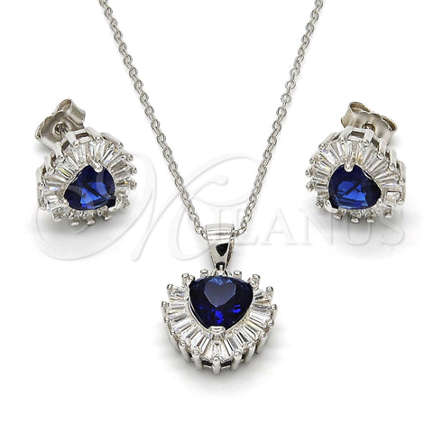 Juego de Arete y Dije de Adulto 10.286.0025 Plata Rodinada, Diseño de Corazón, con Zirconia Cubica Zafiro Azul y Blanca, Pulido, Rodinado