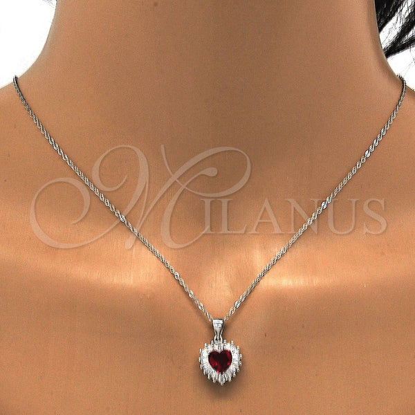 Juego de Arete y Dije de Adulto 10.286.0025.1 Plata Rodinada, Diseño de Corazón, con Zirconia Cubica Granate y Blanca, Pulido, Rodinado