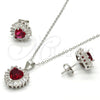 Juego de Arete y Dije de Adulto 10.286.0025.1 Plata Rodinada, Diseño de Corazón, con Zirconia Cubica Granate y Blanca, Pulido, Rodinado