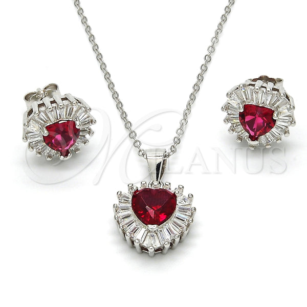 Juego de Arete y Dije de Adulto 10.286.0025.1 Plata Rodinada, Diseño de Corazón, con Zirconia Cubica Granate y Blanca, Pulido, Rodinado