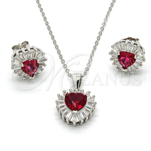 Juego de Arete y Dije de Adulto 10.286.0025.1 Plata Rodinada, Diseño de Corazón, con Zirconia Cubica Granate y Blanca, Pulido, Rodinado