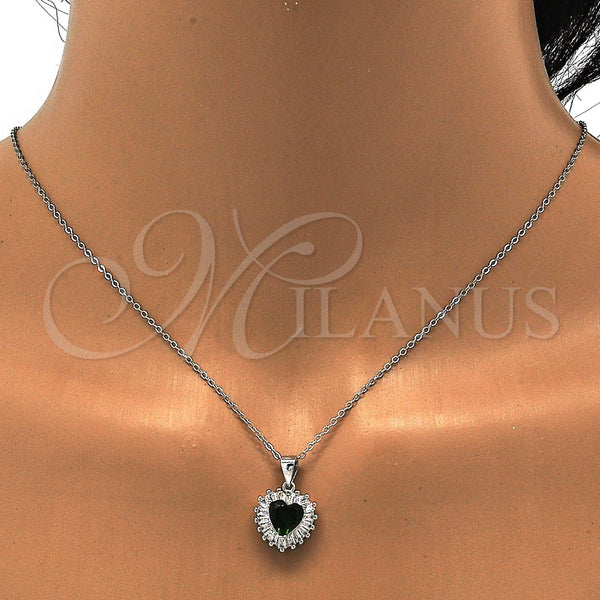 Juego de Arete y Dije de Adulto 10.286.0025.2 Plata Rodinada, Diseño de Corazón, con Zirconia Cubica Verde y Blanca, Pulido, Rodinado