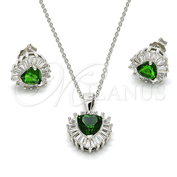 Juego de Arete y Dije de Adulto 10.286.0025.2 Plata Rodinada, Diseño de Corazón, con Zirconia Cubica Verde y Blanca, Pulido, Rodinado