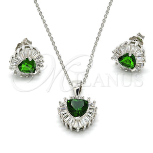 Juego de Arete y Dije de Adulto 10.286.0025.2 Plata Rodinada, Diseño de Corazón, con Zirconia Cubica Verde y Blanca, Pulido, Rodinado