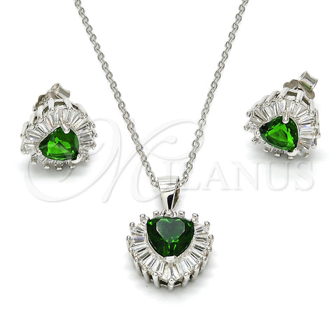 Juego de Arete y Dije de Adulto 10.286.0025.2 Plata Rodinada, Diseño de Corazón, con Zirconia Cubica Verde y Blanca, Pulido, Rodinado