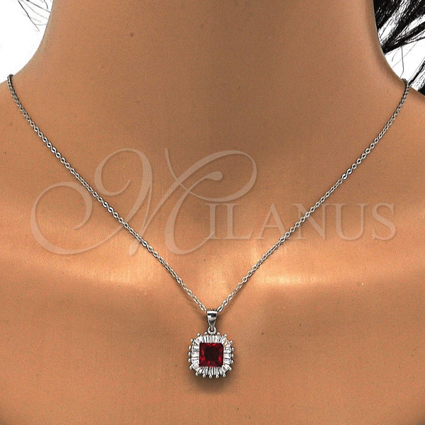 Juego de Arete y Dije de Adulto 10.286.0026 Plata Rodinada, con Zirconia Cubica Blanca y Rubi, Pulido, Rodinado