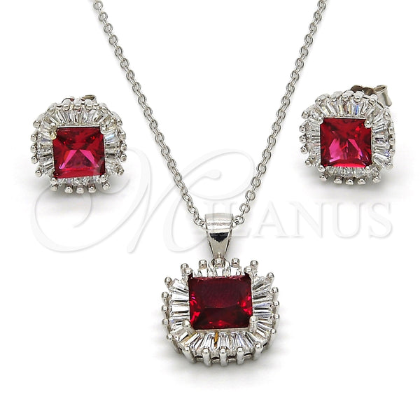Juego de Arete y Dije de Adulto 10.286.0026 Plata Rodinada, con Zirconia Cubica Blanca y Rubi, Pulido, Rodinado