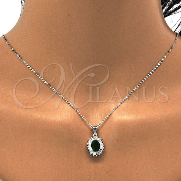 Juego de Arete y Dije de Adulto 10.286.0027.2 Plata Rodinada, con Zirconia Cubica Verde y Blanca, Pulido, Rodinado
