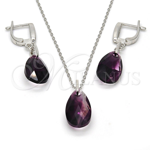 Juego de Arete y Dije de Adulto 10.281.0023 Plata Rodinada, Diseño de Gota, con Swarovski Elements Amethyst, Pulido, Rodinado