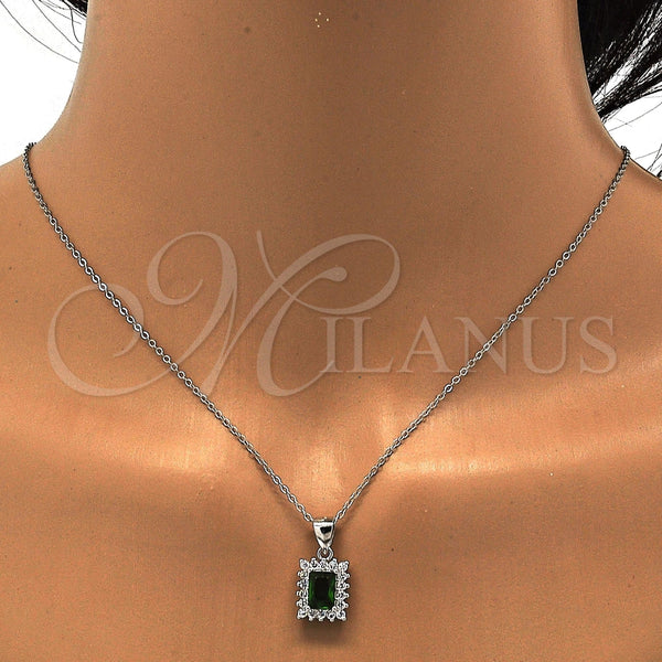 Juego de Arete y Dije de Adulto 10.175.0053.2 Plata Rodinada, Diseño de Baguette, con Zirconia Cubica Verde y Blanca, Pulido, Rodinado