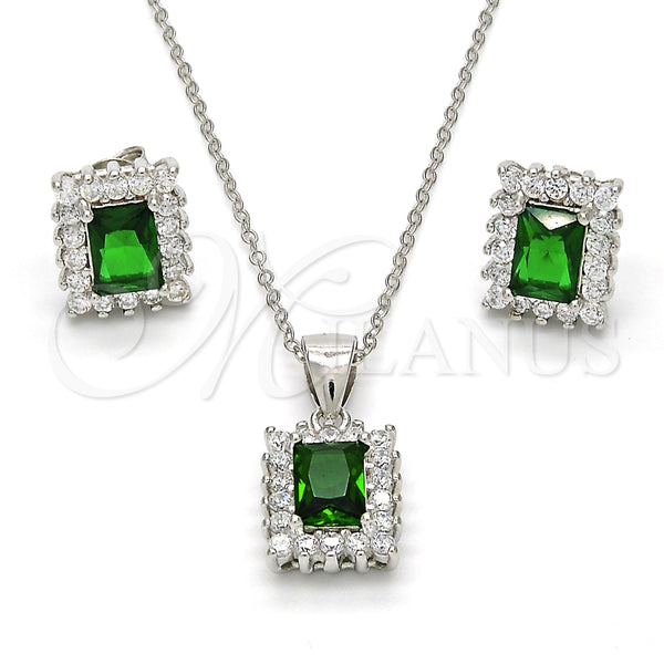 Juego de Arete y Dije de Adulto 10.175.0053.2 Plata Rodinada, Diseño de Baguette, con Zirconia Cubica Verde y Blanca, Pulido, Rodinado