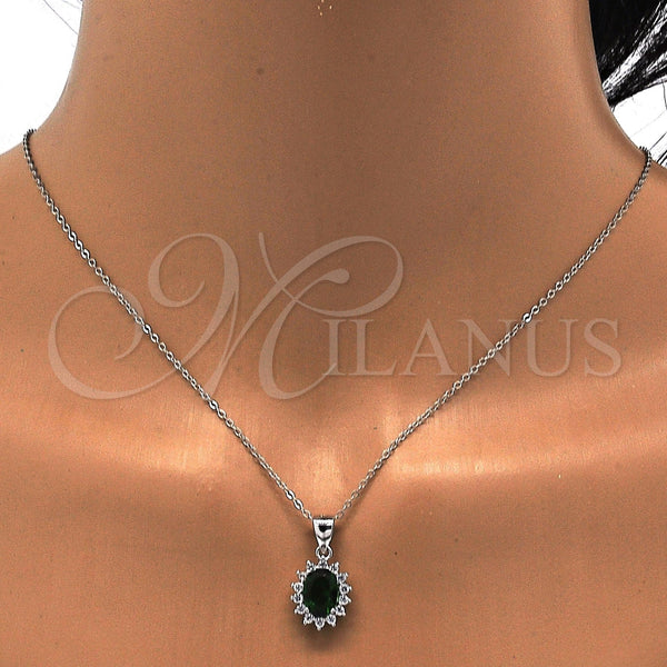 Juego de Arete y Dije de Adulto 10.175.0054.1 Plata Rodinada, con Zirconia Cubica Verde y Blanca, Pulido, Rodinado