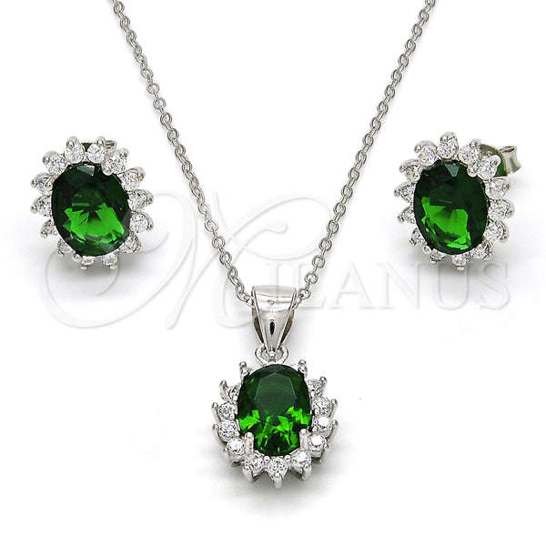 Juego de Arete y Dije de Adulto 10.175.0054.1 Plata Rodinada, con Zirconia Cubica Verde y Blanca, Pulido, Rodinado