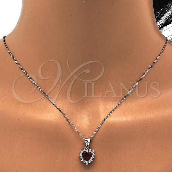 Juego de Arete y Dije de Adulto 10.175.0058.2 Plata Rodinada, Diseño de Corazón, con Zirconia Cubica Blanca y Rubi, Pulido, Rodinado
