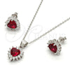 Juego de Arete y Dije de Adulto 10.175.0058.2 Plata Rodinada, Diseño de Corazón, con Zirconia Cubica Blanca y Rubi, Pulido, Rodinado