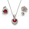 Juego de Arete y Dije de Adulto 10.175.0058.2 Plata Rodinada, Diseño de Corazón, con Zirconia Cubica Blanca y Rubi, Pulido, Rodinado