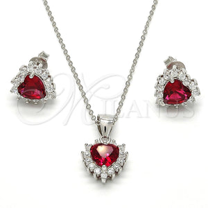 Juego de Arete y Dije de Adulto 10.175.0058.2 Plata Rodinada, Diseño de Corazón, con Zirconia Cubica Blanca y Rubi, Pulido, Rodinado