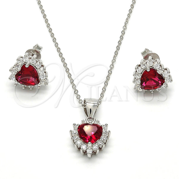 Juego de Arete y Dije de Adulto 10.175.0058.2 Plata Rodinada, Diseño de Corazón, con Zirconia Cubica Blanca y Rubi, Pulido, Rodinado