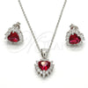 Juego de Arete y Dije de Adulto 10.175.0058.2 Plata Rodinada, Diseño de Corazón, con Zirconia Cubica Blanca y Rubi, Pulido, Rodinado