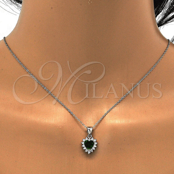 Juego de Arete y Dije de Adulto 10.175.0058.3 Plata Rodinada, Diseño de Corazón, con Verde and Blanca Zirconia Cubica, Pulido, Rodinado