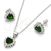 Juego de Arete y Dije de Adulto 10.175.0058.3 Plata Rodinada, Diseño de Corazón, con Zirconia Cubica Verde y Blanca, Pulido, Rodinado