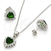 Juego de Arete y Dije de Adulto 10.175.0058.3 Plata Rodinada, Diseño de Corazón, con Zirconia Cubica Verde y Blanca, Pulido, Rodinado