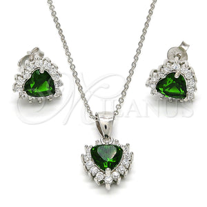 Juego de Arete y Dije de Adulto 10.175.0058.3 Plata Rodinada, Diseño de Corazón, con Verde and Blanca Zirconia Cubica, Pulido, Rodinado