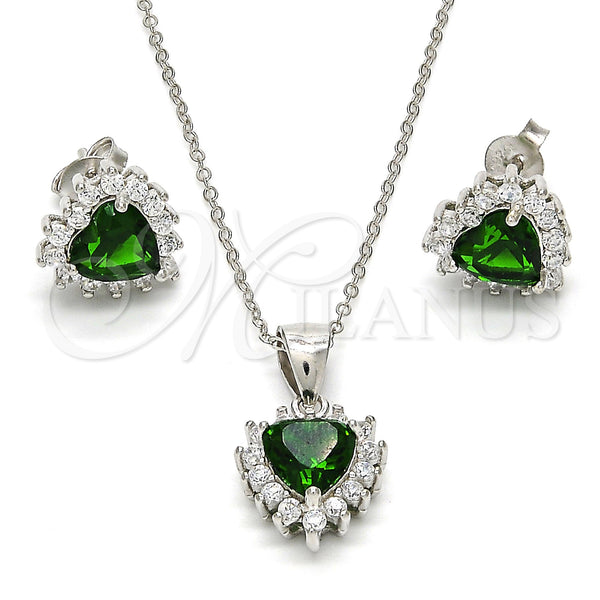 Juego de Arete y Dije de Adulto 10.175.0058.3 Plata Rodinada, Diseño de Corazón, con Verde and Blanca Zirconia Cubica, Pulido, Rodinado