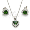 Juego de Arete y Dije de Adulto 10.175.0058.3 Plata Rodinada, Diseño de Corazón, con Zirconia Cubica Verde y Blanca, Pulido, Rodinado