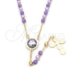 Rosario Fino 09.02.0016.18 Oro Laminado, Diseño de Caridad del Cobre y Cruz, Resinado Violeta, Tono Dorado