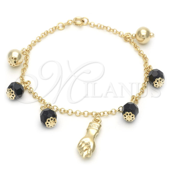 Pulsera de Dije 03.02.0049.7 Oro Laminado, Diseño de Manos y Bola, con Negro Azavache, Pulido, Tono Dorado (7 Inches Length)