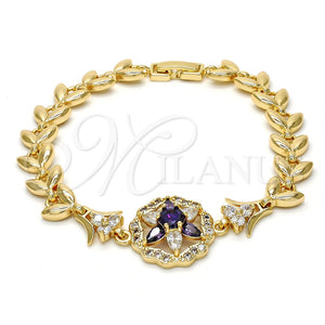 Pulsera Elegante 03.210.0042.2.08 Oro Laminado, Diseño de Flor y Oja, con Amatista and Blanca Zirconia Cubica, Pulido, Tono Dorado (09 MM Thickness, 8 Inches Length)
