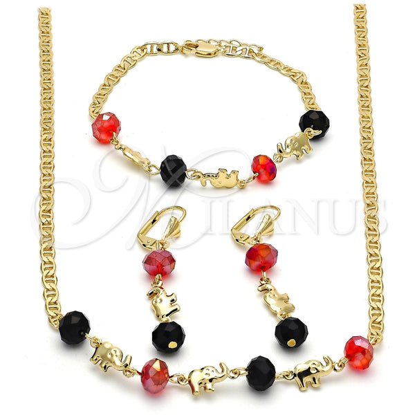 Collar, Pulsera y Dije 06.213.0001 Oro Laminado, Diseño de Elefante, con Granate and Negro Cristal, Pulido, Tono Dorado