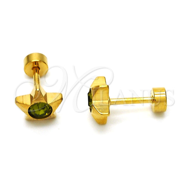 Arete Dormilona 02.271.0016.11 Acero Inoxidable, Diseño de Estrella, con Peridoto Oscuro Cristal, Pulido, Tono Dorado