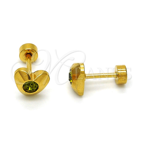 Arete Dormilona 02.271.0004.9 Acero Inoxidable, Diseño de Corazón, con Peridoto Oscuro Cristal, Pulido, Tono Dorado