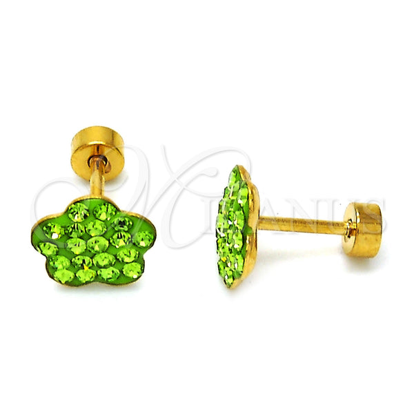 Arete Dormilona 02.271.0020.4 Acero Inoxidable, Diseño de Flor, con Verde Claro Cristal, Pulido, Tono Dorado