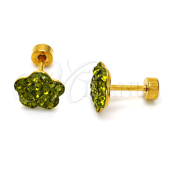Arete Dormilona 02.271.0020.10 Acero Inoxidable, Diseño de Flor, con Peridoto Oscuro Cristal, Pulido, Tono Dorado