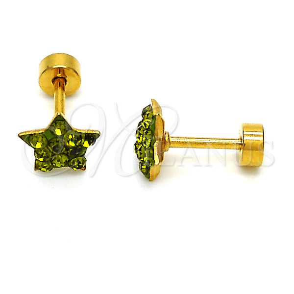 Arete Dormilona 02.271.0021.4 Acero Inoxidable, Diseño de Estrella, con Peridoto Oscuro Cristal, Pulido, Tono Dorado