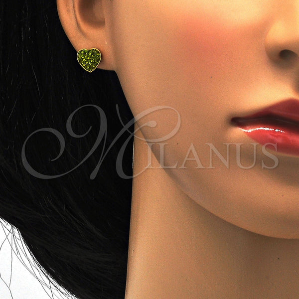 Arete Dormilona 02.271.0022.11 Acero Inoxidable, Diseño de Corazón, con Peridoto Oscuro Cristal, Pulido, Tono Dorado