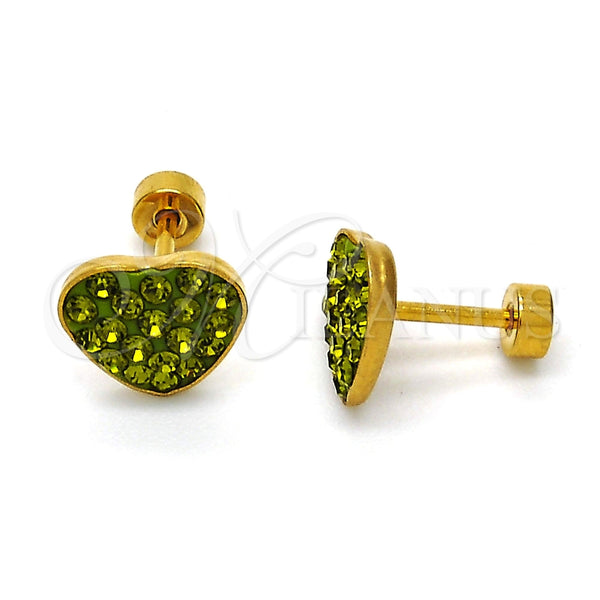 Arete Dormilona 02.271.0022.11 Acero Inoxidable, Diseño de Corazón, con Peridoto Oscuro Cristal, Pulido, Tono Dorado